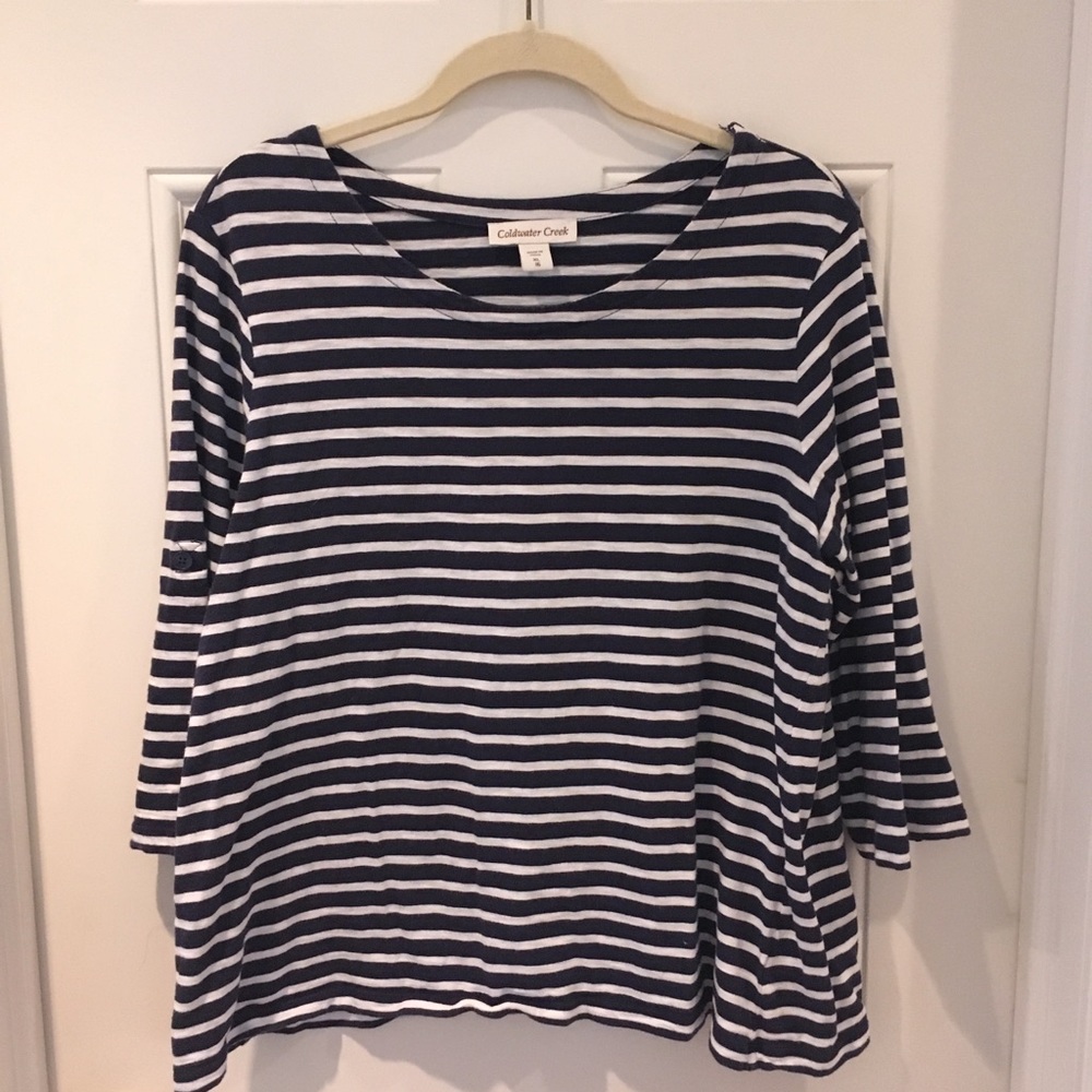 Coldwater Creek Navy and White Tab Sleeve Shirt
